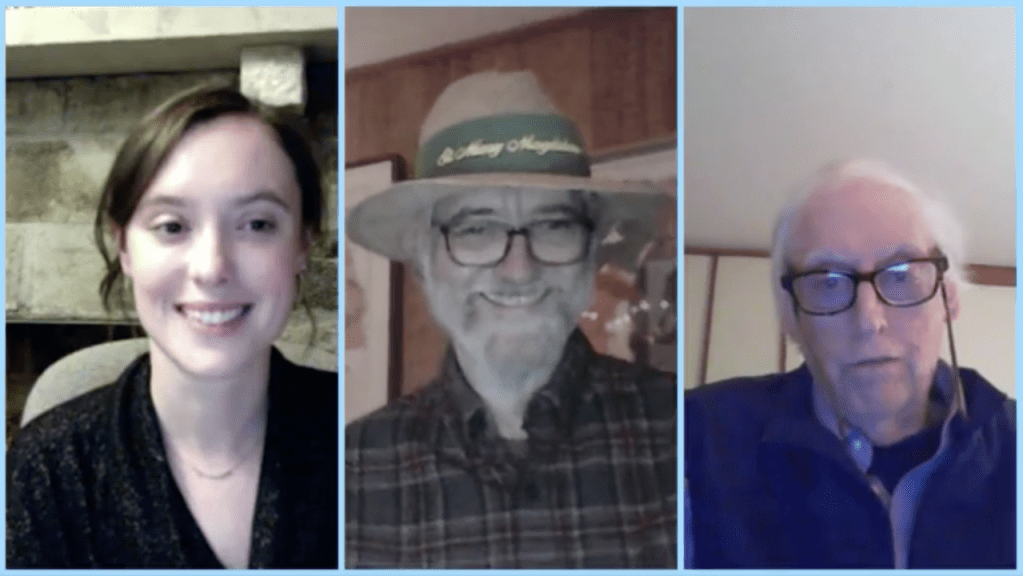 A screenshot in which Ellie shares a screen with two older men, filmmakers Jay Williams and Stan Woodward